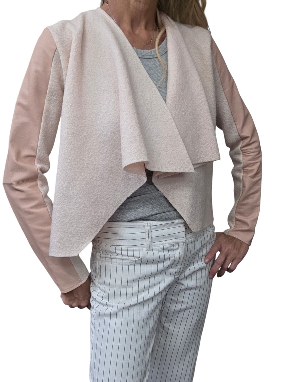 Ted Baker Gaeton 100% Wool Leather Trim Waterfall Cardigan Pink 1